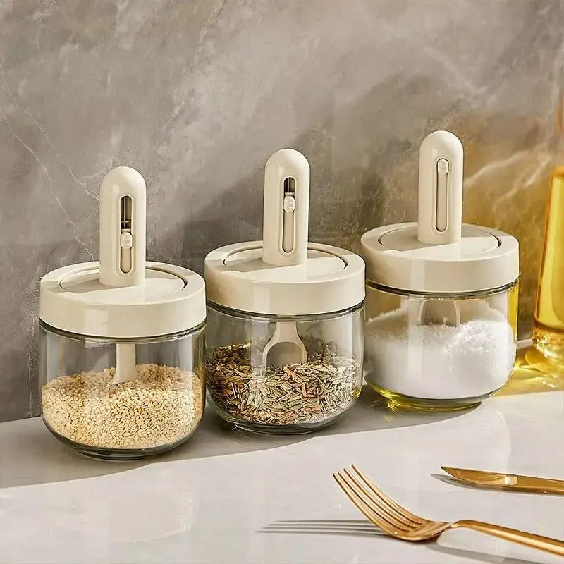 Glass Seasoning Bottle with Telescopic Spoon For Kitchen